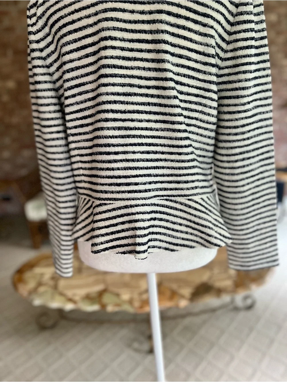 Loft Tweed Open Front Peplum Navy Blue Off White Stripe Blazer M Nautical Preppy